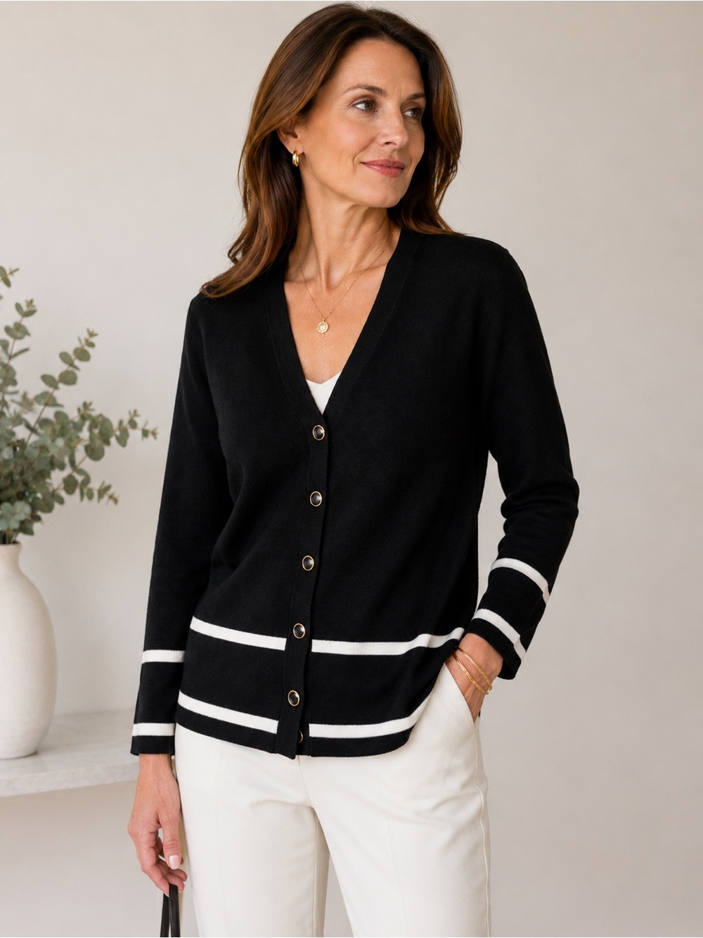 St. John Santana Knit Black White Cardigan Gold Buttons Size 10
